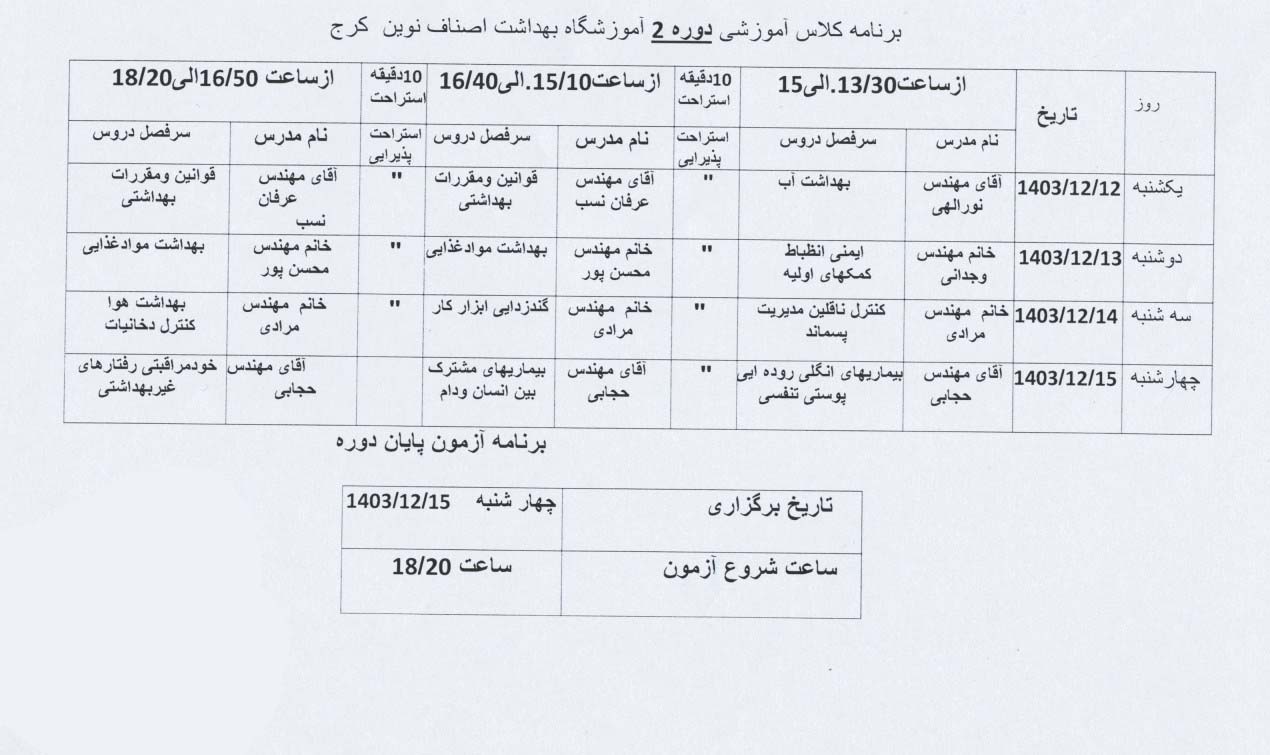 دوره دوم آموزشگاه بهداشت اصناف نوین کرج ( اسفند 1403)